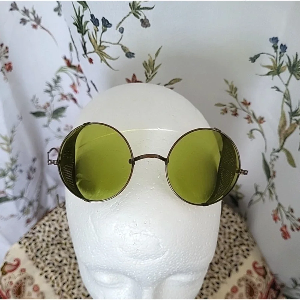 Antique Sunglasses Goggles Spectacles Steampunk Safety Glasses‎ Green Vtg Moto
